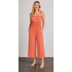 Julie Brown Womens Orange Metallic Sleeveless Gauze Jumpsuit Smocked Size Large